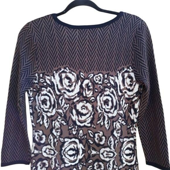 Nine West Knit Long Sleeve Scoop Neck Aline Sweater Dress Herringbone Rosette S - Picture 8 of 11